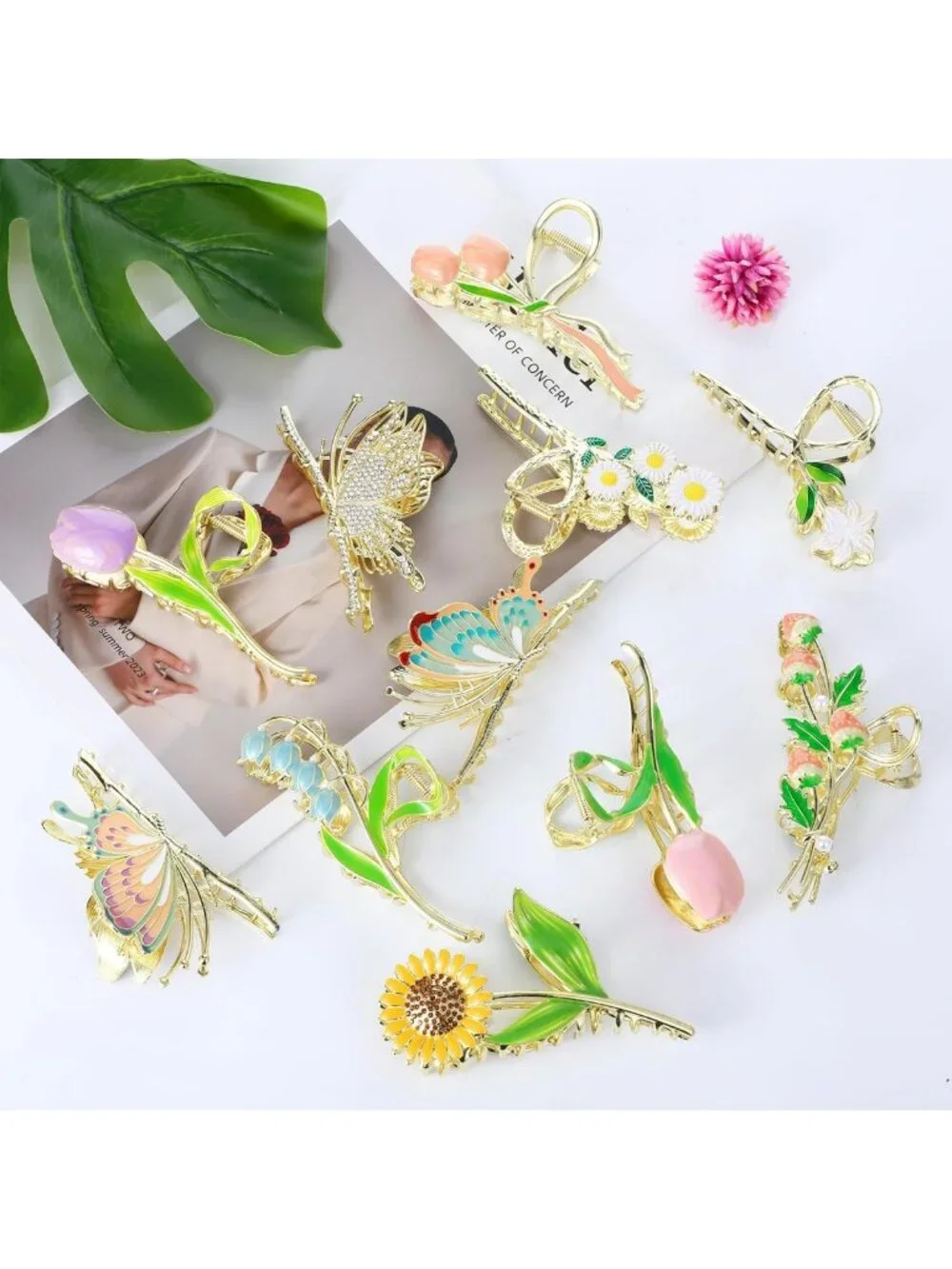 Sparkly Butterfly & Tulip Metal Hair Clips - 11PCS Non-Slip Claw Clips for All